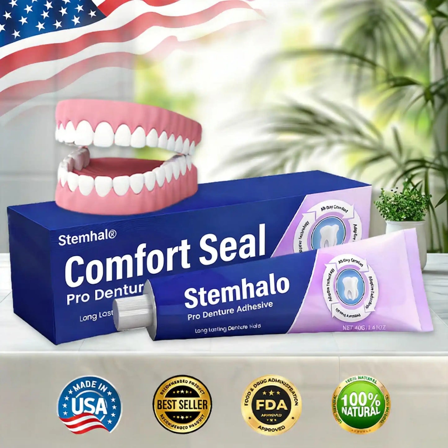 Stemhalo Comfort Seal Pro Denture Adhesive, 96-Hour Hold, Zinc-Free, FDA Certified