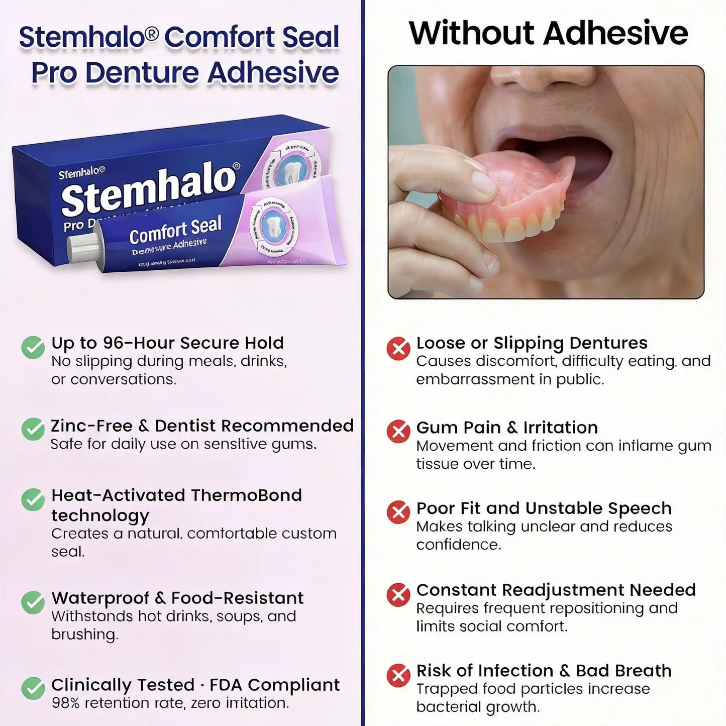 Stemhalo Comfort Seal Pro Denture Adhesive, 96-Hour Hold, Zinc-Free, FDA Certified
