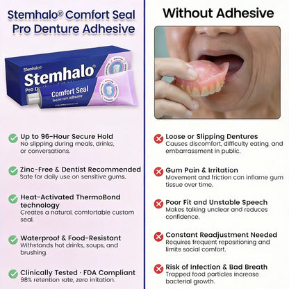 Stemhalo Comfort Seal Pro Denture Adhesive, 96-Hour Hold, Zinc-Free, FDA Certified
