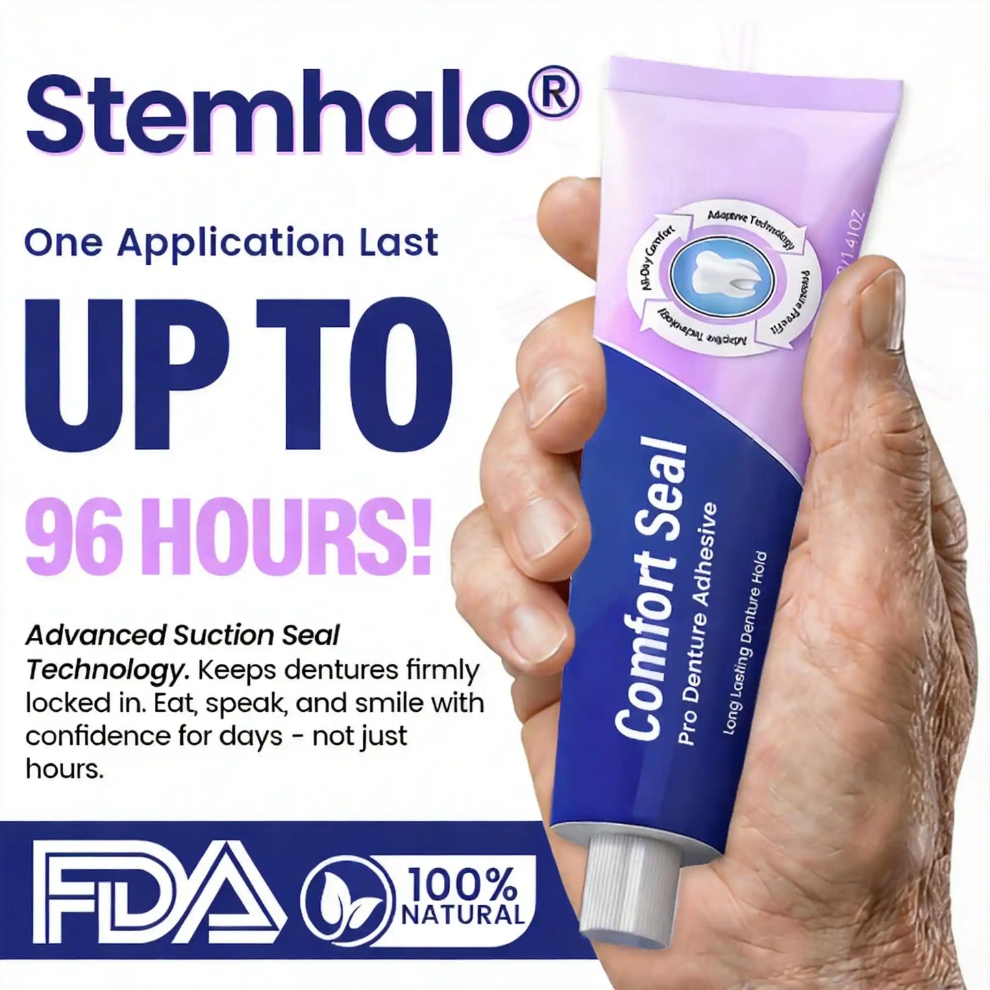 Stemhalo Comfort Seal Pro Denture Adhesive, 96-Hour Hold, Zinc-Free, FDA Certified