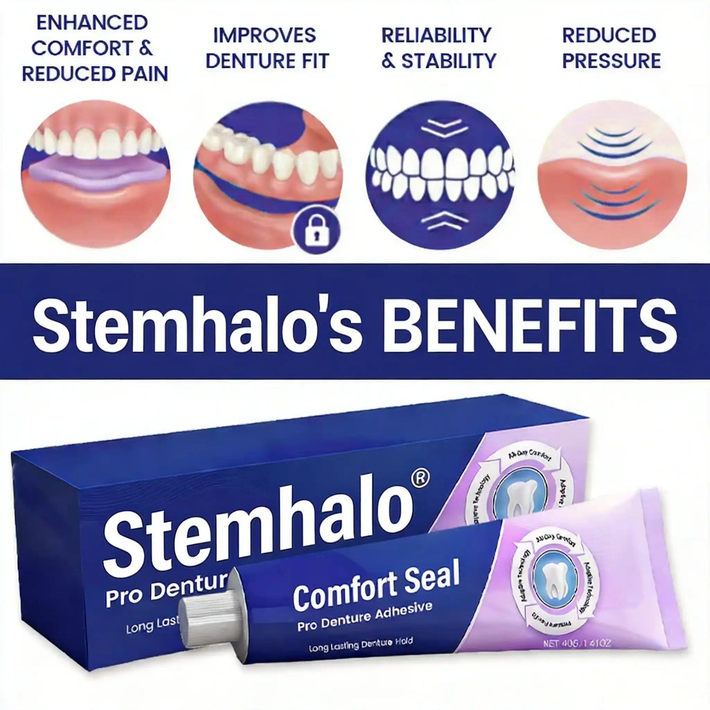 Stemhalo Comfort Seal Pro Denture Adhesive, 96-Hour Hold, Zinc-Free, FDA Certified