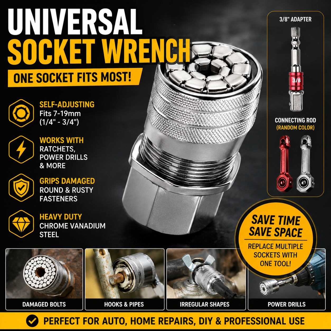 🔥 Universal Socket Wrench™                     One Tool Replaces 30+ Sockets        Adjustable Universal Socket Tool for Ratchets, Torque Wrenches & Power Drills