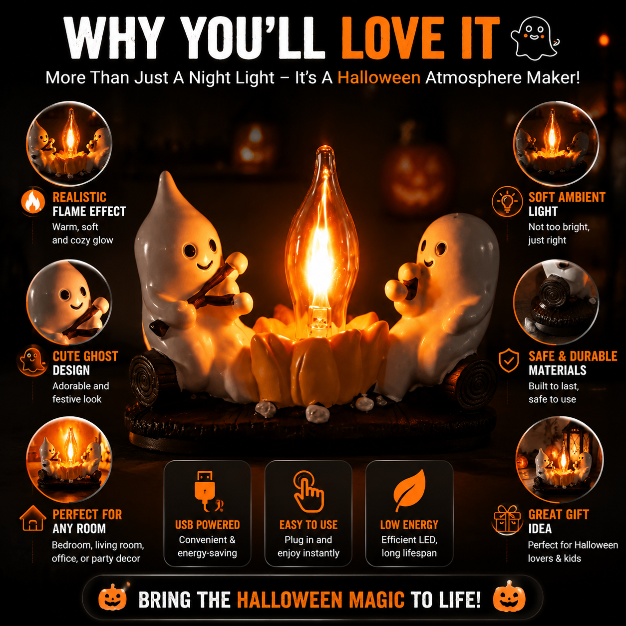 ✨👻 Viral Ghost Night Light – Halloween Flame Effect LED Ambient Lamp for Cozy Spooky Home Decor & Seasonal Decoration